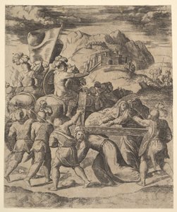 Kristus bar korset omgivet af soldater, flere til hest, 1530-60. af Master of the Die
