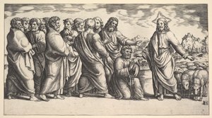 Kristus står til venstre og viser til en flok får, foran ham knæler St. Peter hol..., 1530-60. af Master of the Die
