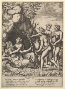 Daphne omfavner sin far, flodguden Peneus, til venstre bringer tre nymfer krukker ..., 1530-60.