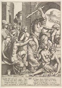 Misundelse eller griskhed til højre bliver drevet fra musernes tempel af Hercules, der ..., 1530-60. af Master of the Die