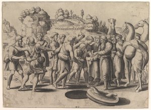 Joseph i midten bliver solgt af sine brødre stående over en brønd, kameler til højre, 1533. af Master of the Die