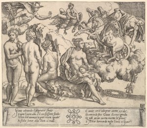 aJupiter vælter fra en hestevogn til højre, Ganymedes i form af en ørn..., 1530-60. af Master of the Die