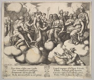 Plade 30: Venus og Amor forsvarer deres sag i nærværelse af Jupiter og andre guder..., 1530-60. af Master of the Die