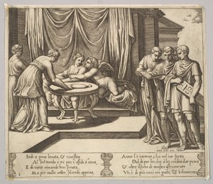 Tavle 8: Psyche siddende ved et bord og overværet af usynlige tjenere, Eros ved siden af g..., 1530-60. af Master of the Die