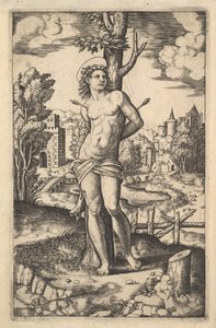 Sankt Sebastian bundet til et træ gennemboret af pile, 1530-60.
