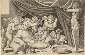 Mirror of Roman Magnificence: Bacchus Omgivet af Putti med Priapus, der holder ..., 1500-tallet. af Master of the Die