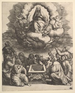 Jomfruens himmelfart, nedenfor apostlene omgiver graven, 1530-60. af Master of the Die