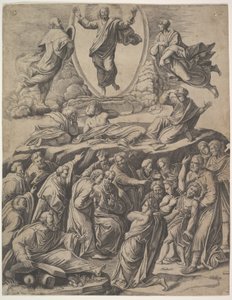 Kristi forvandling, der optræder øverst i midten, under ham forskellige figurer, inkl. 1530-60. af Master of the Die