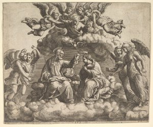 Jomfruens kroning, Kristus holder kronen over sit hoved, Gud Fader velsigne..., 1532. af Master of the Die