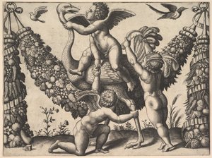 Tre putti før en stor guirlande, den i midten rider en struds, fra en ..., ca. 1530-40. af Master of the Die