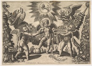 To putti præsenterer bægre fulde af guld til en putto i skikkelse af rigdommens gud..., ca. 1530-40. af Master of the Die