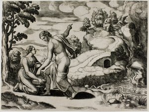 Venus beordrer Psyche til at søge vand fra et springvand bevogtet af drager af Master of the Die