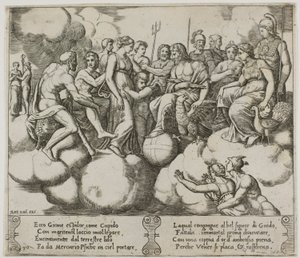 Venus og Amor taler om deres sag i nærvær af Jupiter og andre guder af Master of the Die