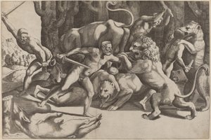 Fem mænd, der kæmper mod udyr af Master of the Die after Giulio Romano