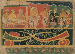 Nanda og Vasudeva: Side fra en spredt Bhagavata Purana..., ca. 1520-30. af Master of the Dispersed Bhagavata Purana.