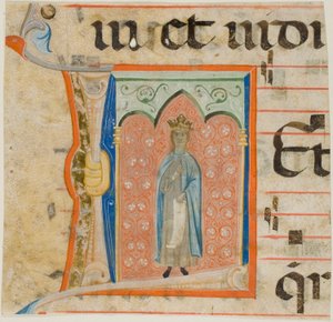 Kvindelig helgen i et historiseret initialt "L" fra en koralbog af Master of the Dominican Effigies