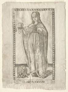 Charity from the Tarocchi, serie B: Cosmic Principles & Virtues, #38, før 1467. af Master of the E Series Tarocchi