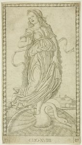 Clio, plade nitten fra Apollo and the Muses af Master of the E Series Tarocchi