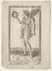 Genius of the Sun fra Tarocchi, serie B: Cosmic Principles & Virtues, #31, før 1467. af Master of the E Series Tarocchi