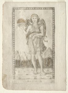 Genius of the World fra Tarocchi, serie B: Cosmic Principles & Virtues, #33, før 1467. af Master of the E Series Tarocchi