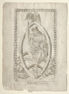 Jupiter fra Tarocchi, serie A: Firmaments of the Universe, #46, før 1467. af Master of the E Series Tarocchi