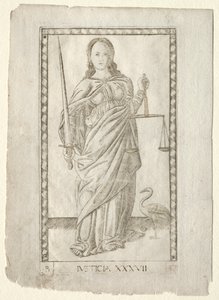 Retfærdighed fra Tarocchi, serie B: Cosmic Principles & Virtues, #37, før 1467. af Master of the E Series Tarocchi