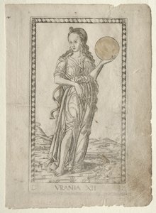 Urania astronomi fra Tarocchi-serien D: Apollo and the Muses, #12, før 1467. af Master of the E Series Tarocchi