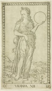 Urania, plade tolv fra Apollo og muserne af Master of the E Series Tarocchi