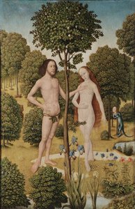 Adam og Eva i Edens Have (olie på panel) af Master of the Embroidered Foliage
