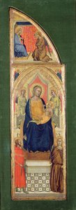 Jomfruen med barnet på tronen (olie på panel) af Master of the Fabriano Altarpiece (attr. to)