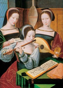 Hollandsk: Musicerend gezelschap Kvindelige musikere / Tre damer, der spiller musik af Master of the Female Half Lengths