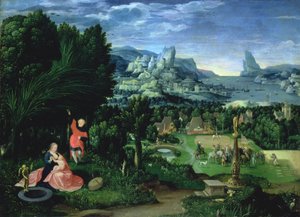 Hvilet på flugten til Egypten, landskab malet af Joachim Patinir (fl.1515-25) (panel)
