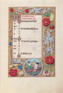 Hours of Dronning Isabella den Katolik, Dronning af Spanien: Fol. 11r, oktober, ca. 1500. af Master of the First Prayerbook of Maximillian