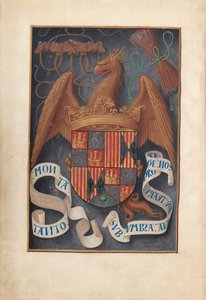 Dronning Isabella den katolske, dronning af Spanien: Fol. 1v, våben og mottoer af Isabel la Católica