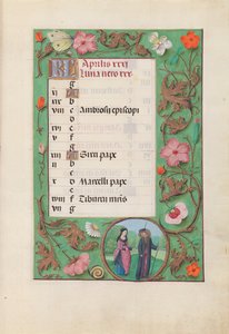 Dronning Isabella den katolske, dronning af Spaniens åbningstider: Fol. 5r, april - Squire and Damsel, ca. 1500. af Master of the First Prayerbook of Maximillian