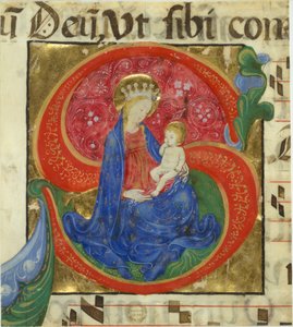 Manuskriptbelysning med jomfruen og barnet i en indledende S..., midten af 1400-tallet. af Master of the Franciscan Breviary