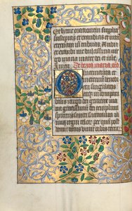 Timebog Brug af Rouen: fol. 22v, stor initial O med udførlig kant, ca. 1470.