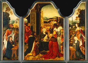 Triptykon: Tilbedelse af Magi, hvor St. James præsenterer donoren og St. Catherine af Alexandria præsenterer donorens kone og to døtre