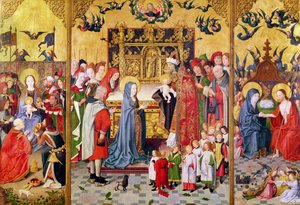 Altertavle over Jomfruens syv glæder, der viser tilbedelsen af vismændene, præsentationen i templet og Kristus, der viser sig for Maria, ca. 1480 af Master of the Holy Family