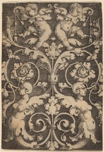 Opretstående ornament med to sirener af Master of the Horse Heads