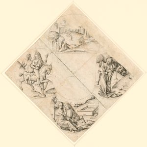 Design til et firkløver med et slot, to elskende, en jomfru, der fristes af en nar, et par, der sidder ved et trug, og en ridder og hans elskerinde på en hest