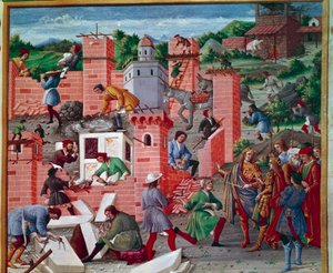 Bygningen af byen Rom. Tvillingerne Romulus og Remus besøger stedet (eftersyn af arbejde og forhåndsarbejde). Arbejderne er aktive i opgaven: Macons, Stenskræddere, bærere, marmor og cement (fremstilling af cement) på arbejde. Miniature i "" Romuleon. af Master of the Innocent III missal