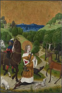 Sankt Huberts omvendelse. Lukker fra Werden-altertavlen, ca 1485 af Master of the Life of the Virgin