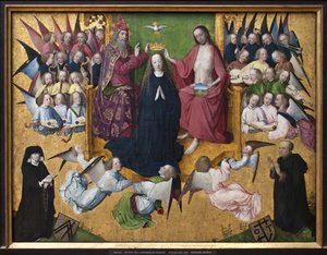 Marias kroning. Repræsentation af den hellige treenighed: Gud, Jesus Kristus og Helligåndens due (Helligånden). Maleri af Lyversbergers passionsmester (aktiv 1460-1490), olie på træ, tidlig tysk kunst 1400-tallet. München, Alte af Master of the Lyversberg Passion