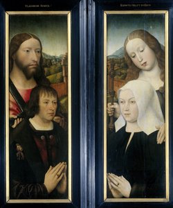 To vinger af en triptykon med donoren, Thomas Isaacq, ledsaget af Saint Thomas (venstre, ydre fløj), og donorens hustru ledsaget af Saint Margaret (højre, ydre fløj) af Master of the Magdalen Legend