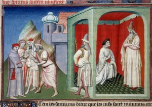 John af Mandeville og sultanen. Kontrovers mellem kristne og muslimer repræsenteret af Jean de Mandeville, opdagelsesrejsende fra Liège (1300-1372) og sultanen af Saracenerne. Miniature i "" The Book of the Wonders of the World"" Frk. 2810 Folio 175v. Manu