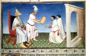 Marco Polo og Mattia Polo modtager donationer fra Kubilay Khan, - Miniature taget fra "The Book of Wonders"" ("" Devisement of the World", "" The Million") af Marco Polo (1254-1324) (Ms , folio 3v) belyst af Master of Mazarine, omkring 1410-1412