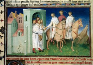 Matteo og Niccolo, Polo-brødrene forlader Venedig. Miniature taget fra "" The Book of Wonders""" ("" Devisement of the World"", "" Il Milione") af Marco Polo (1254-1324) (Ms. 2810, Folio 4) oplyst af Mesteren af Mazarine, omkring 1410-1412. BN,