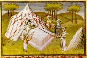 Den mongolske leder Gengis Khan på sit dødsleje giver sine sidste anbefalinger til sine sønner, ca. 1410 (miniature)