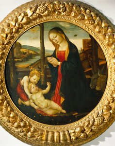 Madonna og barn med St. John (olie på panel) af Master of the Miller Tondo (attr. to)